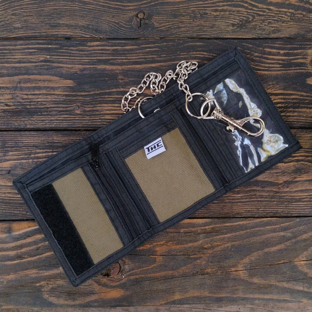 THC Khaki HASH Hook and Loop Embroidered Fabric TriFold Wallet With Chain